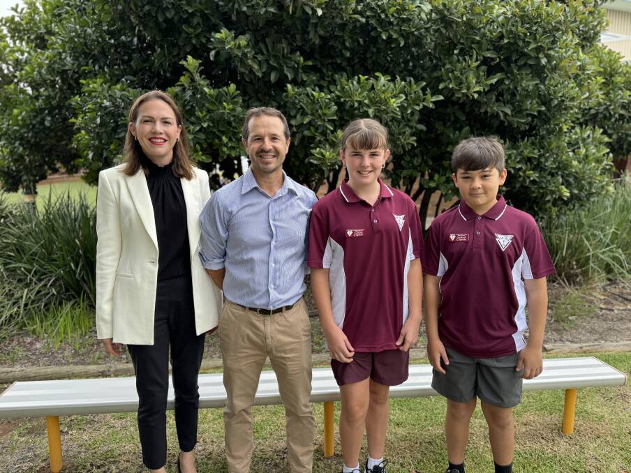 Emily Suvaall MLC, Muswellbrook South principal Glen Kite and 2024 school captains Elsie and Connor. Picture supplied