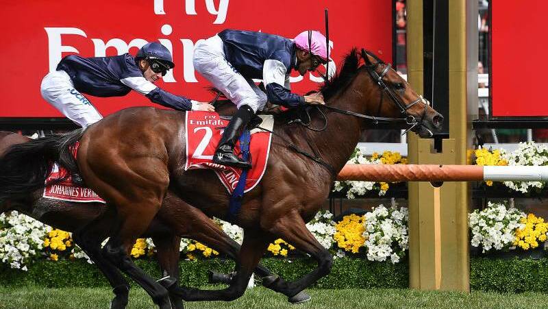 Rekindling, ridden by jockey Corey Brown, wins the 2017 Melbourne Cup. Photo: AAP Image/Tracey Nearmy