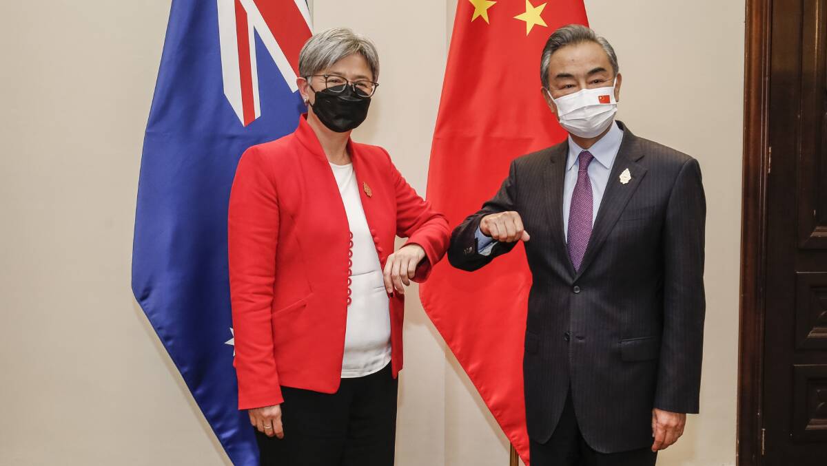 Australian Foreign Minister Penny Wong meets with Chinese Foreign Minister Wang at the G20 Foreign Ministers' Meeting in Bali on July 8. Picture: AAP