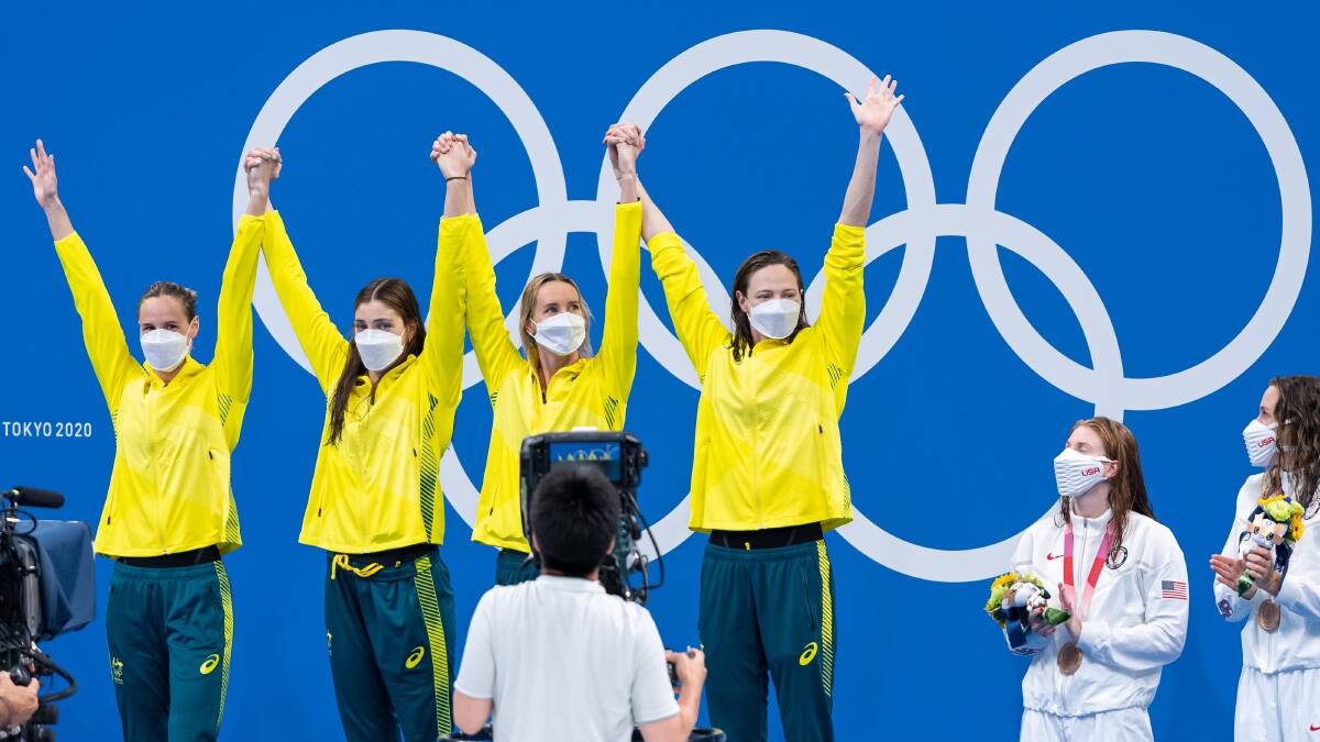 Bronte Campbell, Meg Harris, Emma McKeon and Cate Campbell celebrated their gold medal win in the 4x100 Freestyle Relay Women Final Swimming at Nuoto Tokyo2020 Olympic Games. Photo by Giorgio Scala/Deepbluemedia/Insidefoto/Sipa USA 