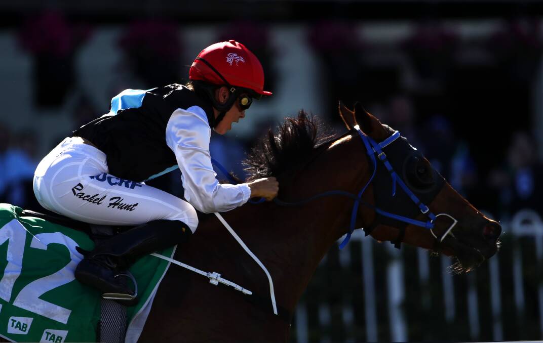 ALL THE WAY: Apprentice jockey Rachel Hunt drives Don't Tease Me to the line on Saturday at Rosehill. It was the gelding's eighth win in 36 starts and took his prizemoney earned to $237,400. Picture: AAP Image/Daniel Munoz