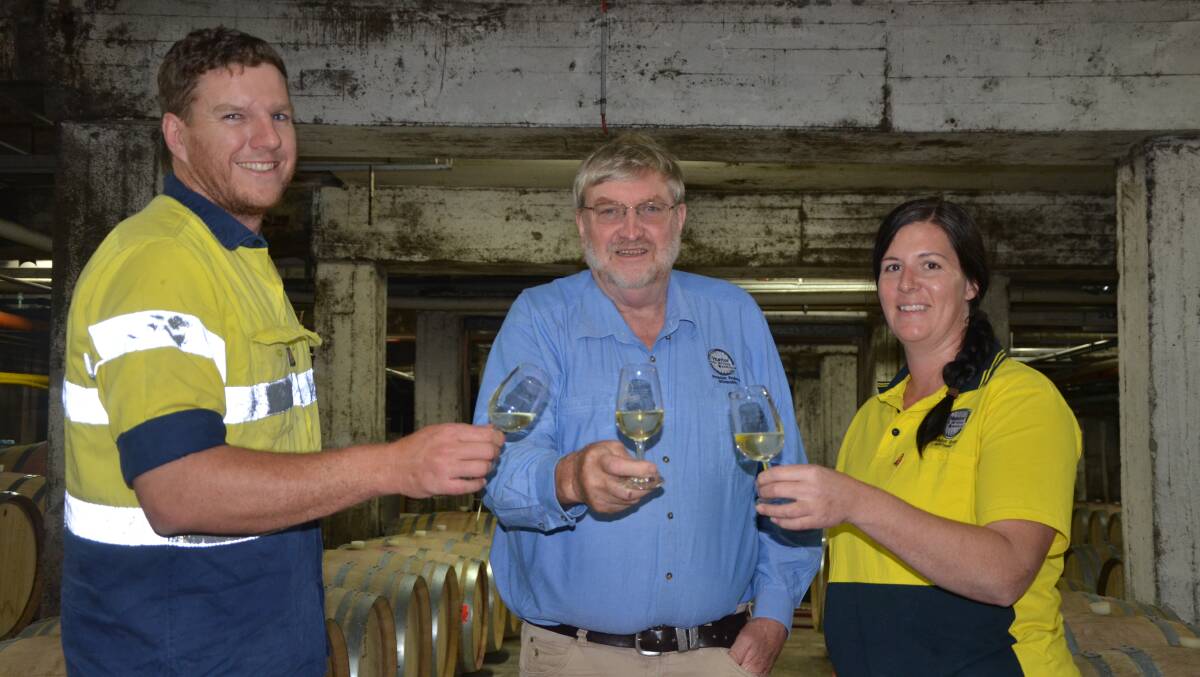 John Hordern (centre) with his winemaker son Thomas and Muswellbrook-born winemaker Kiri Irving