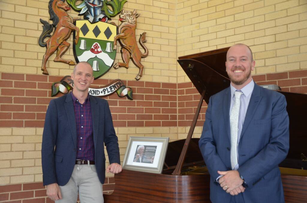 Muswellbrook Shire Council's spokesperson for the arts Jason Foy and Richard Gill School founding principal Chris English