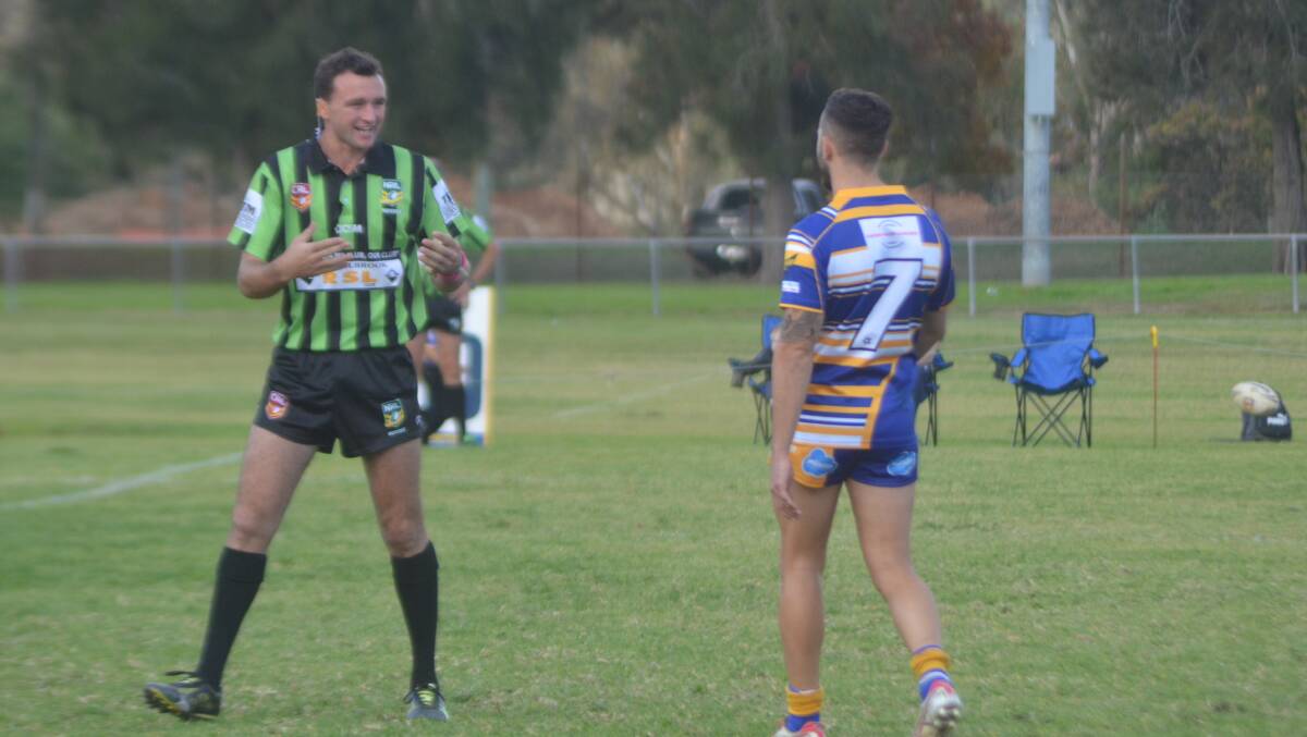 IMPRESSIVE: Hunter Valley Group 21 referee Joey Butler has a "chat" with Muswellbrook Rams skipper Cade Boney during the season.