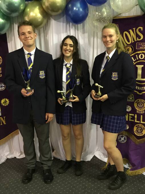 WELL DONE: Nicholas Walsh (Aberdeen), Ella Moroney (Muswellbrook) and Emily Jones (Aberdeen) at the Lions Youth of the Year Quest club final at Muswellbrook on Saturday night.