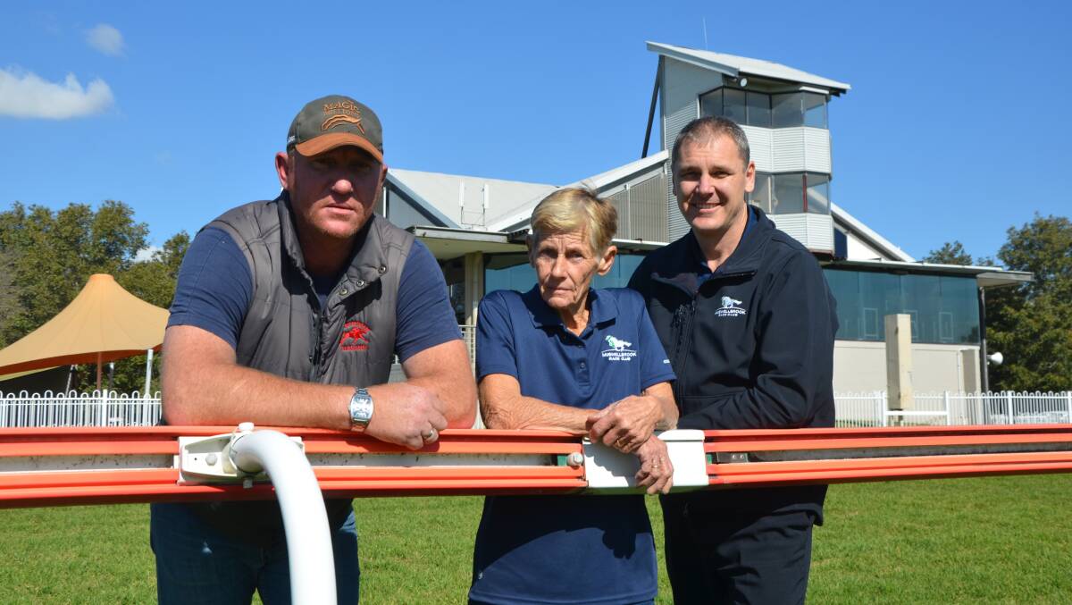 Trainer Andrew Robinson, Muswellbrook race Club track work supervisor Dot Robinson and general manager Duane Dowell