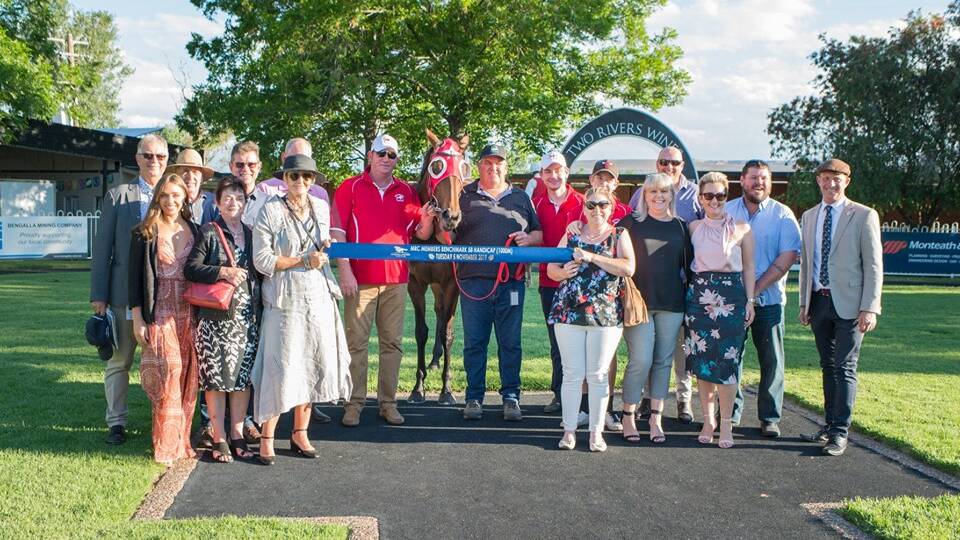 The winning team and connections, along with race sponsors, of Trophies Galore at Muswellbrook on Tuesday. Pic: KATRINA PARTRIDGE PHOTOGRAPHY