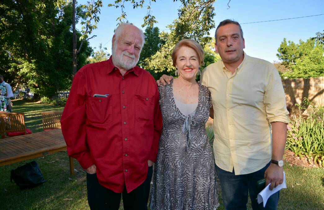 Scone Literary Festival president Janie Jordan with patron Phillip Adams and guest author Christos Tsiolkas at the events recent launch. 