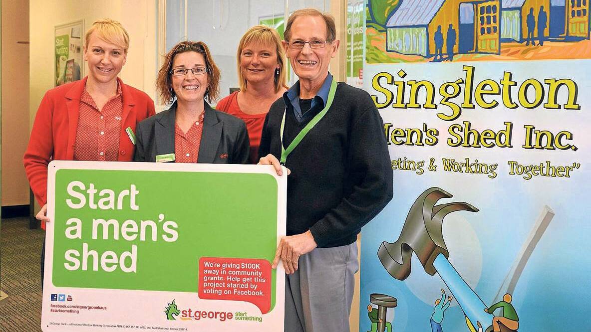 GOOD OLD DAYS: Singleton St George Bank staff Linda Waller, Leanne Orr and Leanne McDonald with Singleton Men’s Shed's John Elliott in 2013. The branch will shut its doors on March 2, 2018.