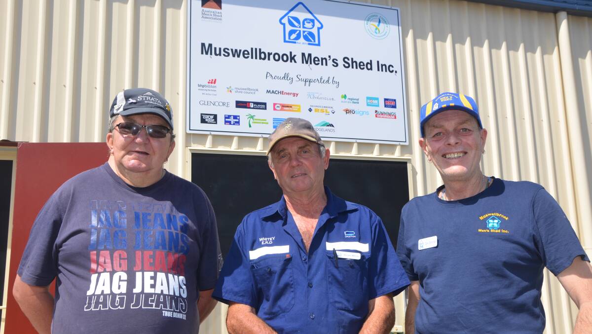 OPEN INVITATION: Jordy Manton, president Brian White and secretary Dave Sorensen at the Muswellbrook Men’s Shed.