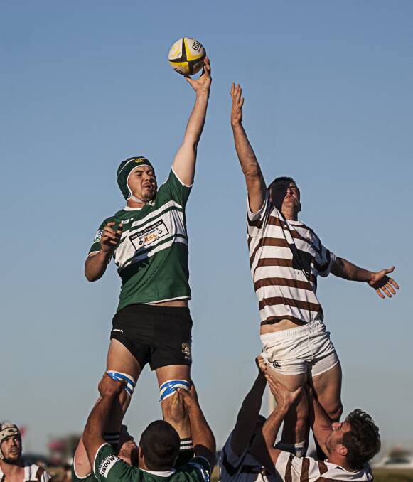 Muswellbrook Heeler Jaryd Buckley flies high in the lineout against Cooks Hill 1. Pic: STAN YATES