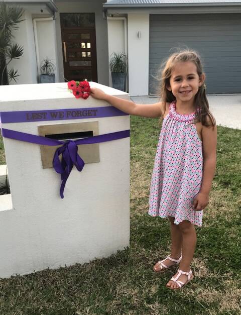 PURPLE PATCH: Former Scone resident Raylee Mortons five-year-old granddaughter Alexa Lewis is supporting the Anzac Day concept.
