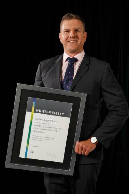 Thomas Hordern with his 2017 Alasdair Sutherland Scholarship Award at this year's Hunter Valley Wine Show presentation ceremony. Pic: ELFES IMAGES
