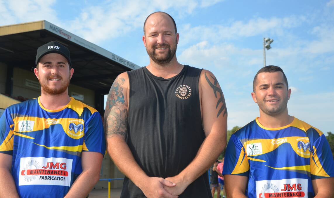 ON BOARD: Muswellbrook Rams captain-coach Mick Henry (right) with fellow mentors Hayden Fox (league tag) and Liam Dunn (under-18s).
