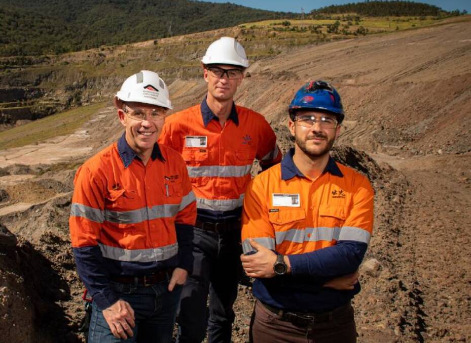 Working together: LR: Grant Clouten Muswellbrook Coal, Brenton Farr AGL and Serge Radojevic Idemitsu Australia. Picture: Simon McCarthy.