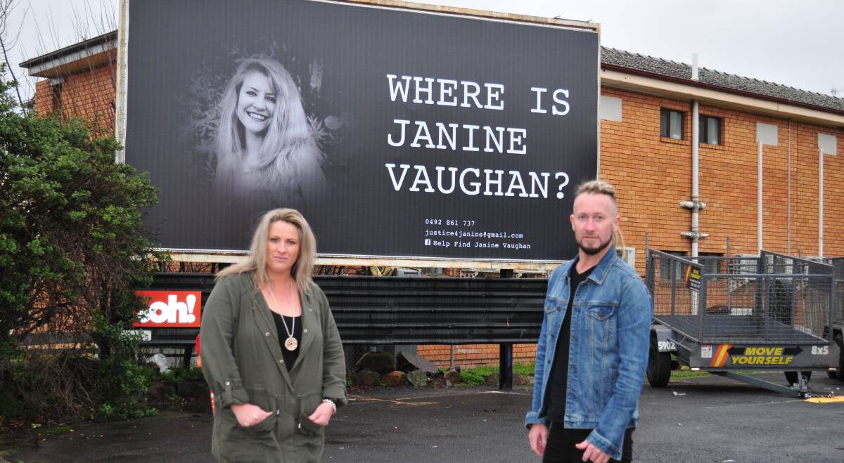 DO YOU KNOW: Janine Vaughan's sister, Kylie Spelde and brother, Adam Vaughan, stand near the billboard.