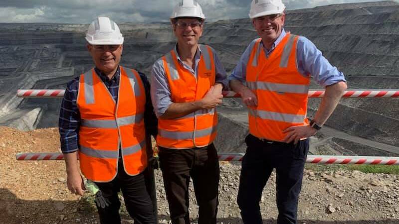 CAMPAIGN ON COAL: NSW Nationals leader John Barilaro, NSW Nationals candidate for Upper Hunter David Layzell and NSW Treasurer Dom Perrottet at Glencore's Ravensworth mine on Thursday morning. 