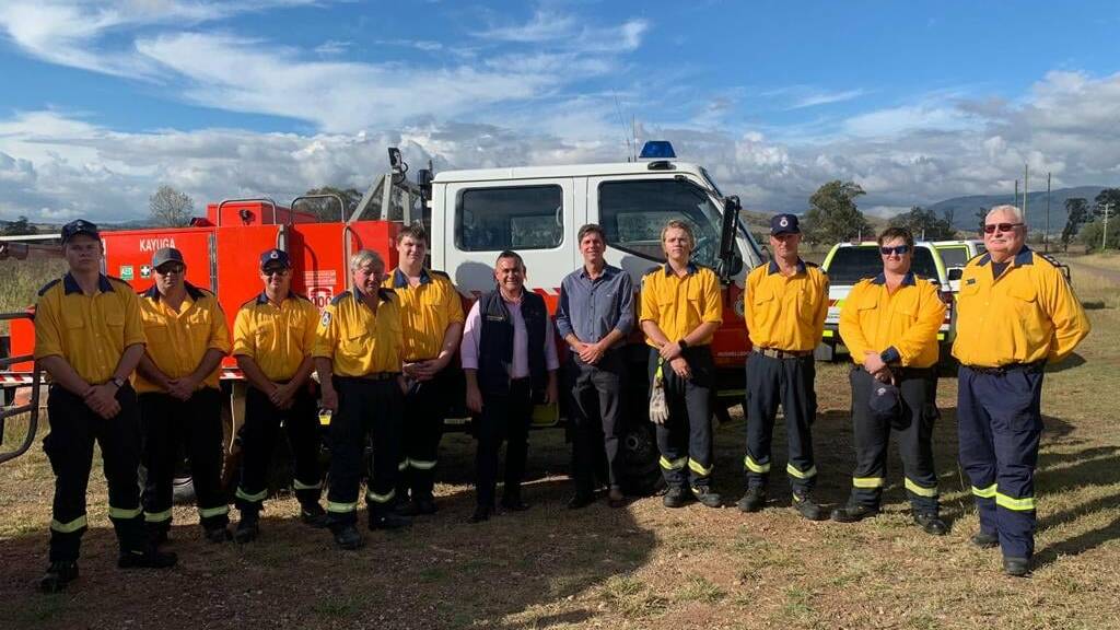 Deputy premier John Barilaro, Upper Hunter Nationals candidate Dave Layzell and members of the Kayuga Rural Fire Brigade on Friday.