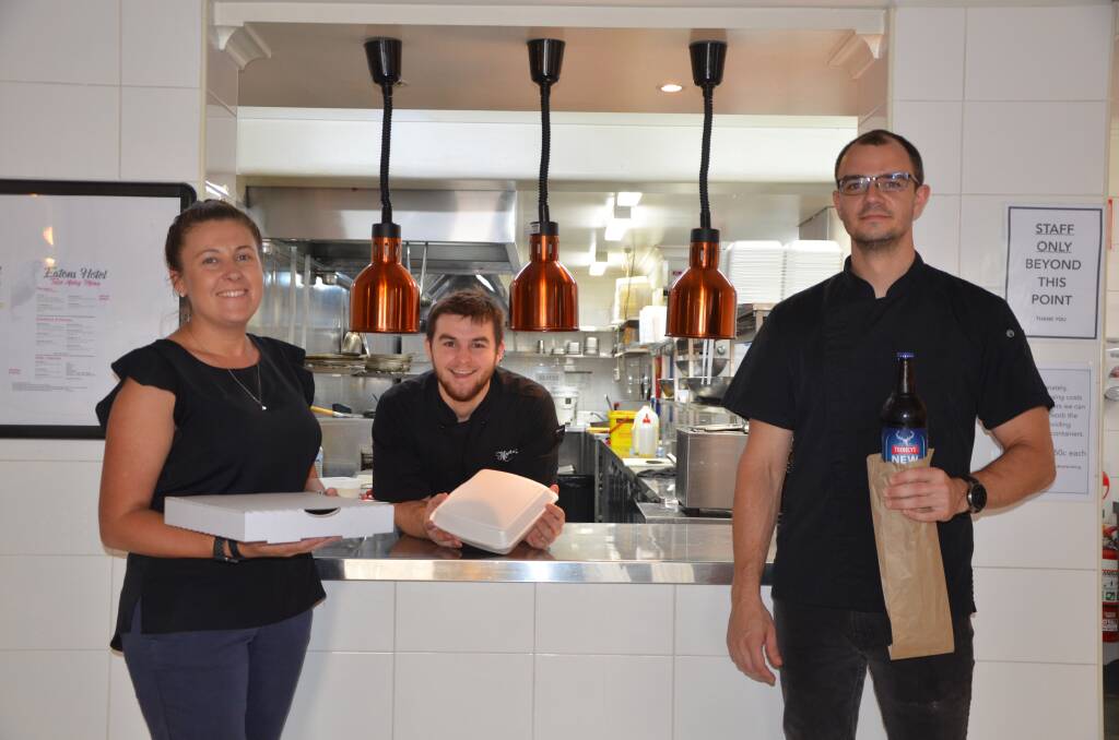 STAYING OPEN: Eatons Hotel restaurant owner Amelia Ryan is keeping the doors open for take away orders, along with chefs Jordan Pavey and Levi Hewell.