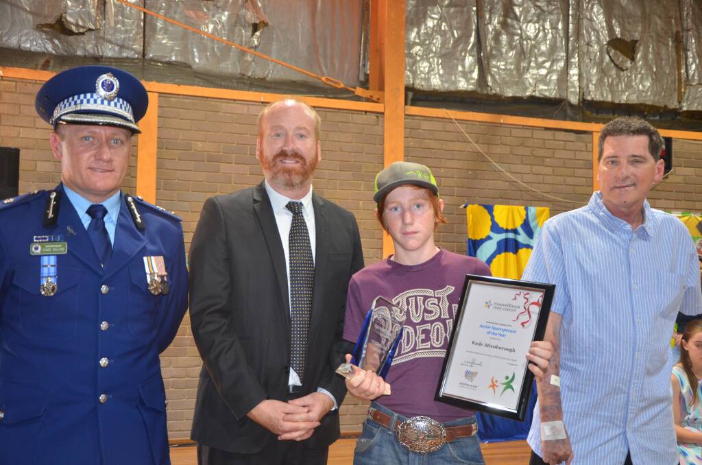 RIDING HIGH: Superintendent Chad Gillies, Muswellbrook Shire mayor Martin Rush, Junior Sportsperson of the Year Kade Attenborough and Councillor Stephen Ward.