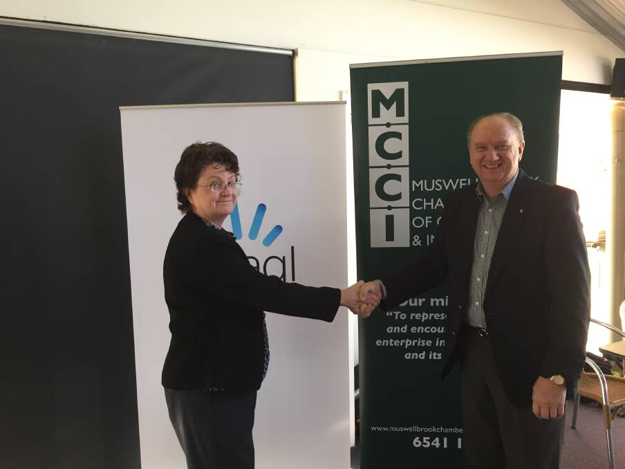 WELCOME: Kate Coates and Mike Kelly at the monthly Muswellbrook Chamber of Commerce and Industry breakfast on Tuesday morning.