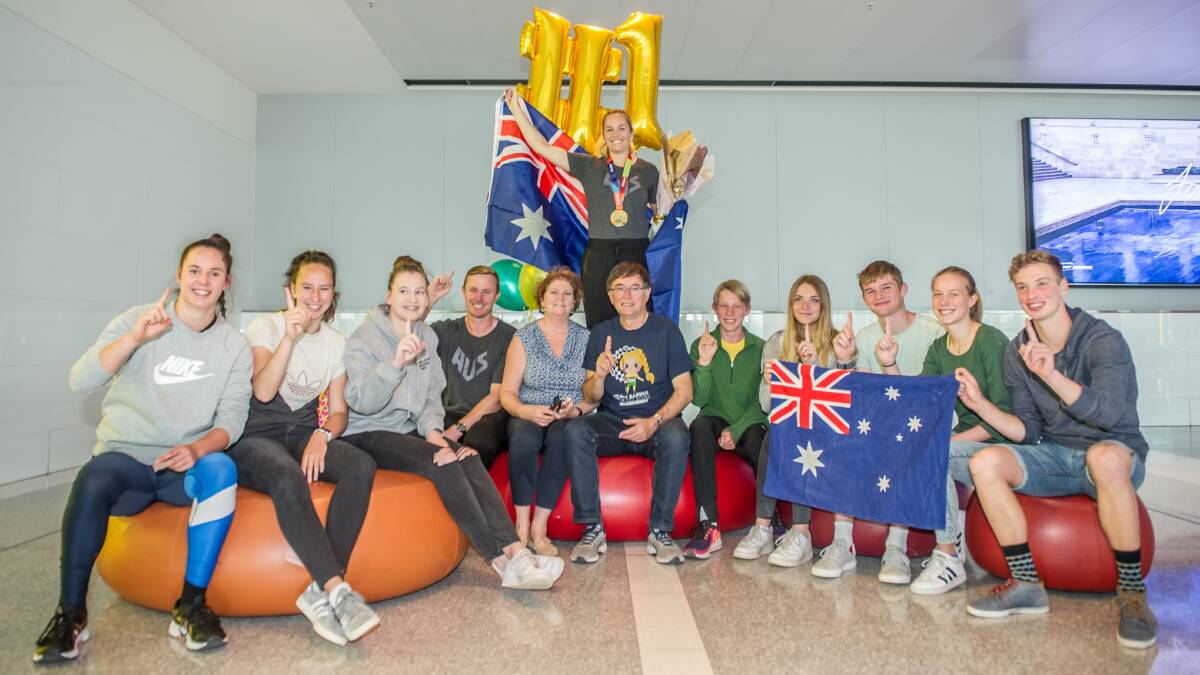 Canberra's world champion javelin thrower Kelsey-Lee Barber returned to Canberra on Tuesday. Picture: Karleen Minney