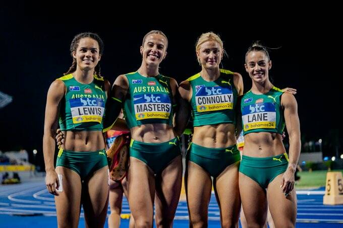 Torrie Lewis (left) with Bree Masters, Ella Connolly and Ebony Lane after finishing fifth in the women's 4x100m final at World Relay Championships in Bahamas on Monday (AEST). Picture via Athletics Australia