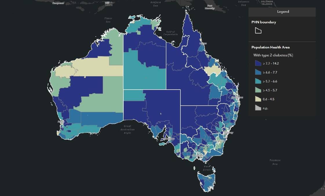 HEALTH MAPPED OUT: Type 2 diabetes prevalence in Australia. Darker sections indicate population areas with a higher percentage of the disease. Credit: AIHW 2021.