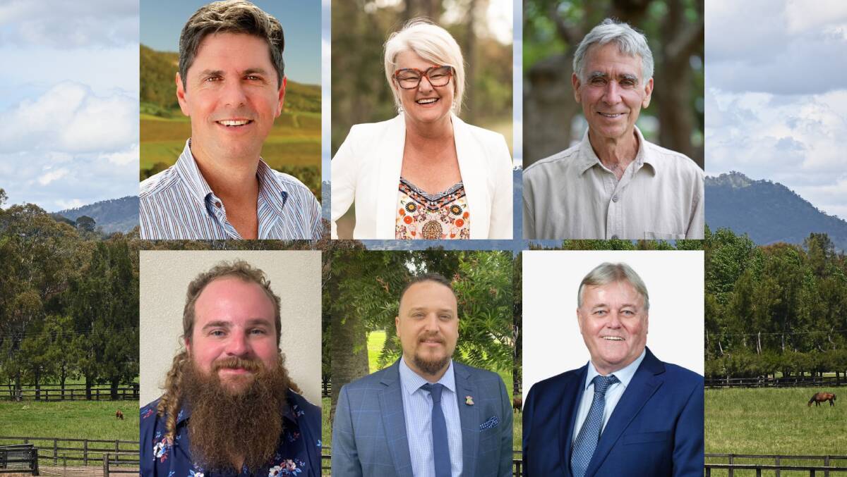 Upper Hunter 2023 NSW Election candidates (top from left) Dave Layzell, Nationals; Peree Watson, Labor; Tony Lonergan, Greens; (bottom from left) Calum Blair, Sustainability Australia Party; James White, Shooters, Fishers and Farmers; and Dale McNamara, Independent.