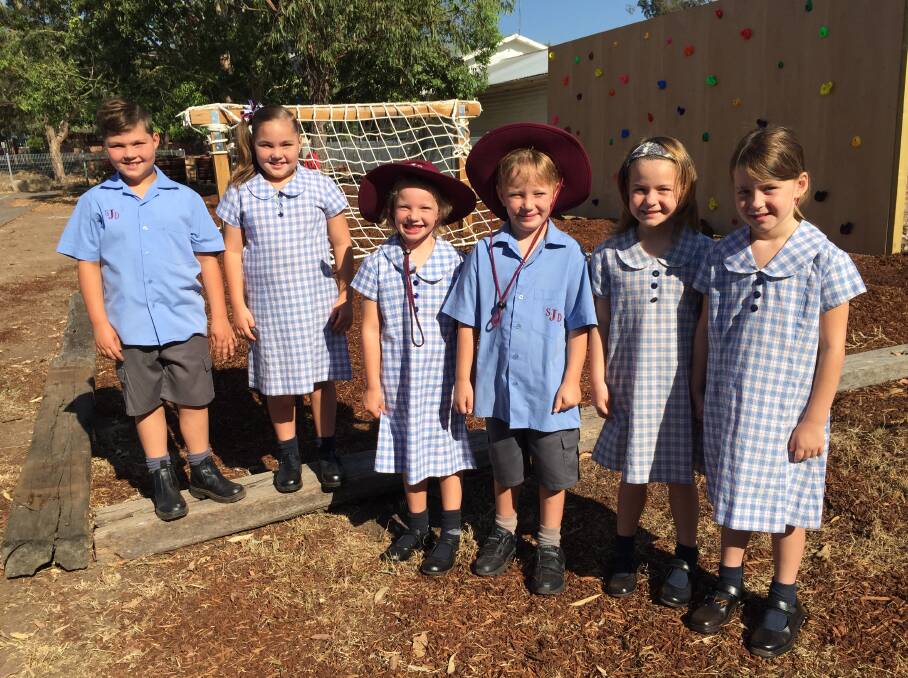 THREE SETS: Twins at St Joseph’s Primary School Denman: Aidan and Alani Moon, Year 2; Stella and Archie Medhurst, Kindy; and Regan and Mackenzie Catling, Year 1, standing at the new ninja warrior course in the playground. 