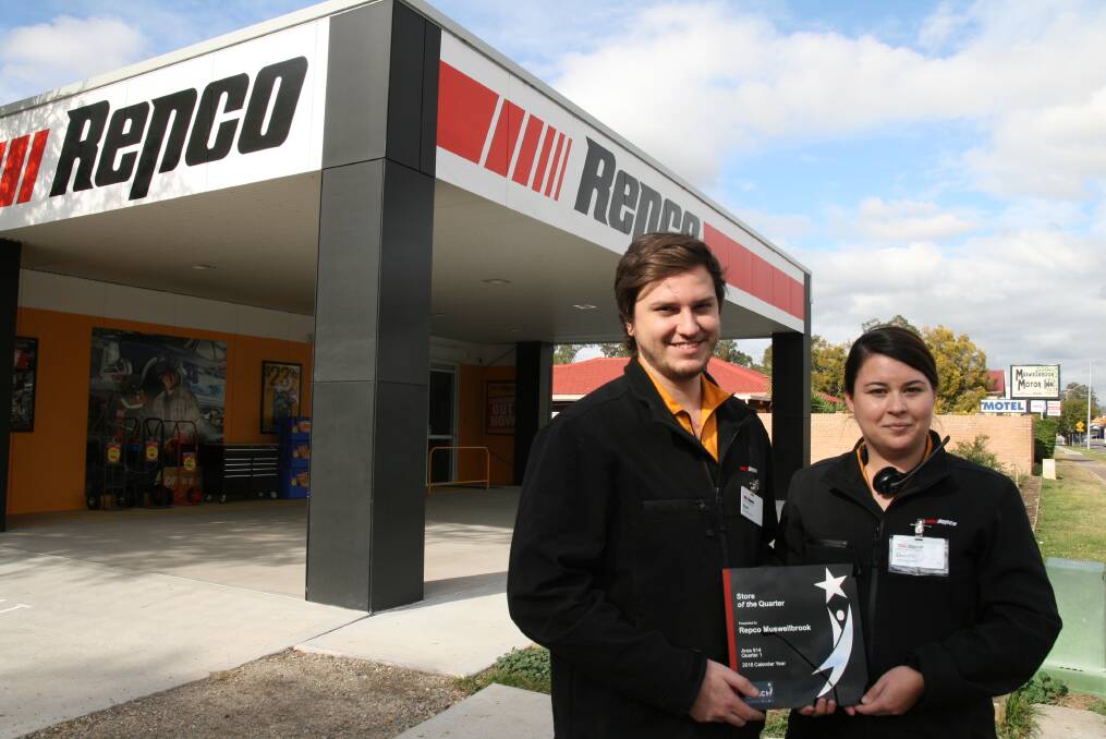 TOP QUARTER: Repco store manager Danielle Voigt with Ryan Hitch and the award the Muswellbrook store was recently awarded.