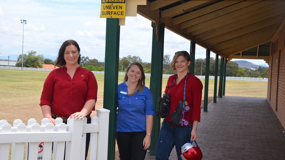 DISCUSSING ACCESS: Ability Links coordinator Samantha Clydsdale with Muswellbrook Shire Council’s technical officer for property and building services Karli Anshaw and Muswellbrook and Districts Roller Derby League president Joann Polsen at Victoria Park where the pavers will soon be replaced with a slab with rolled edges to improve accessibility.