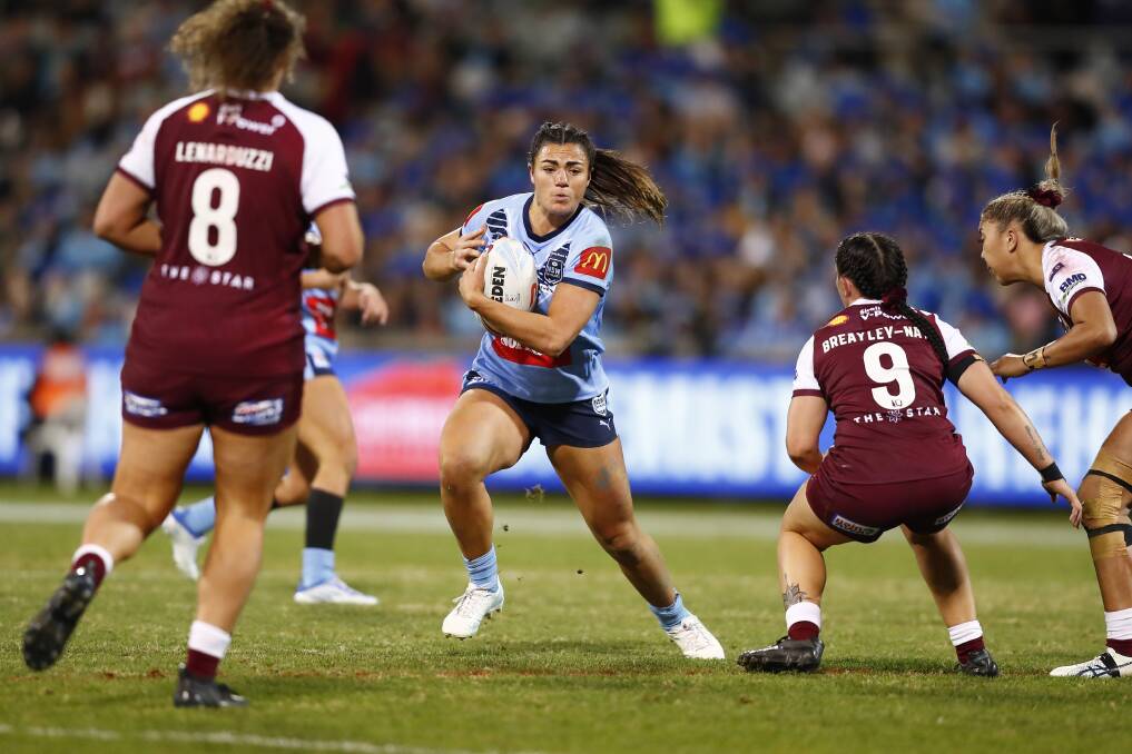 NSW prop and Newcastle co-captain Millie Boyle takes a run during the standalone Origin fixture in Canberra this year. Picture by Keegan Carroll