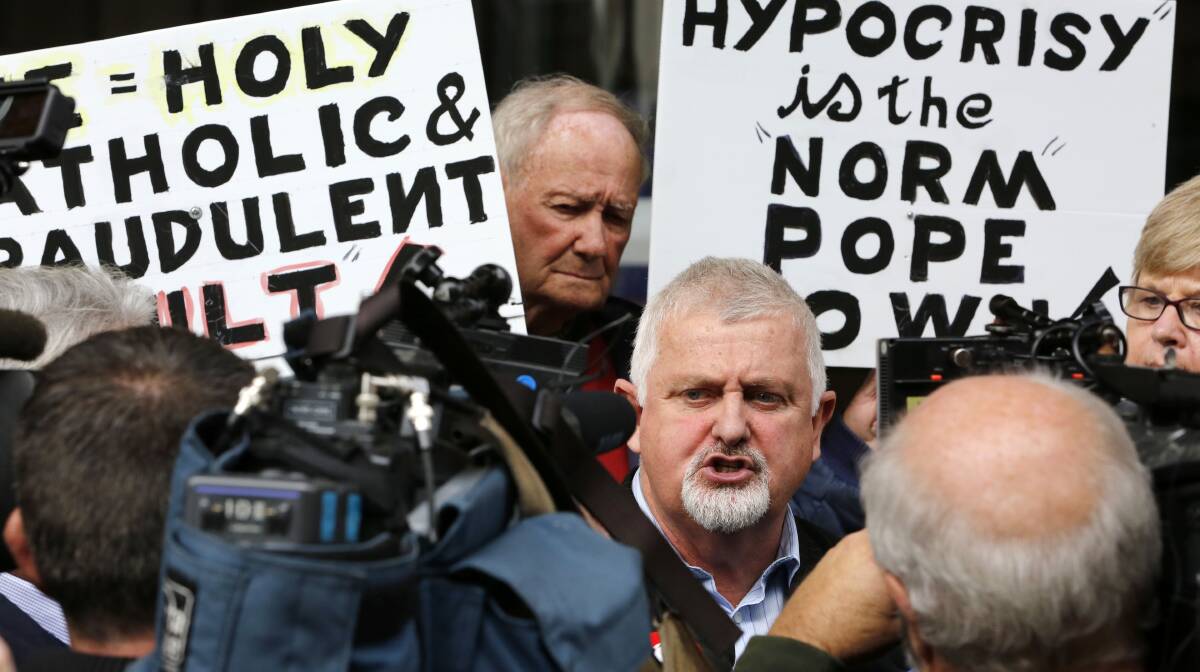 Concern: Hunter abuse survivor Peter Gogarty outside Newcastle Courthouse after Philip Wilson is sentenced to 12 months' jail for concealing a priest's crimes. Picture: Darren Pateman.