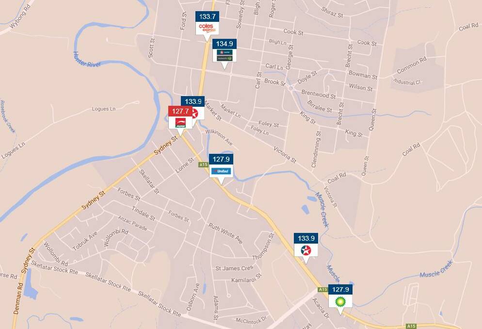 Muswellbrook Unleaded 91 prices, Monday, August 14. Picture: www.fuelcheck.nsw.gov.au