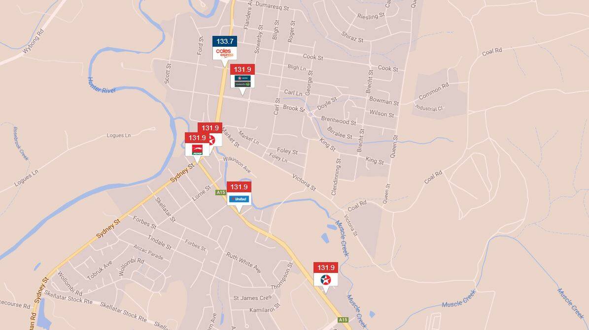 Muswellbrook Unleaded 91 prices, Thursday, August 31. Picture: www.fuelcheck.nsw.gov.au