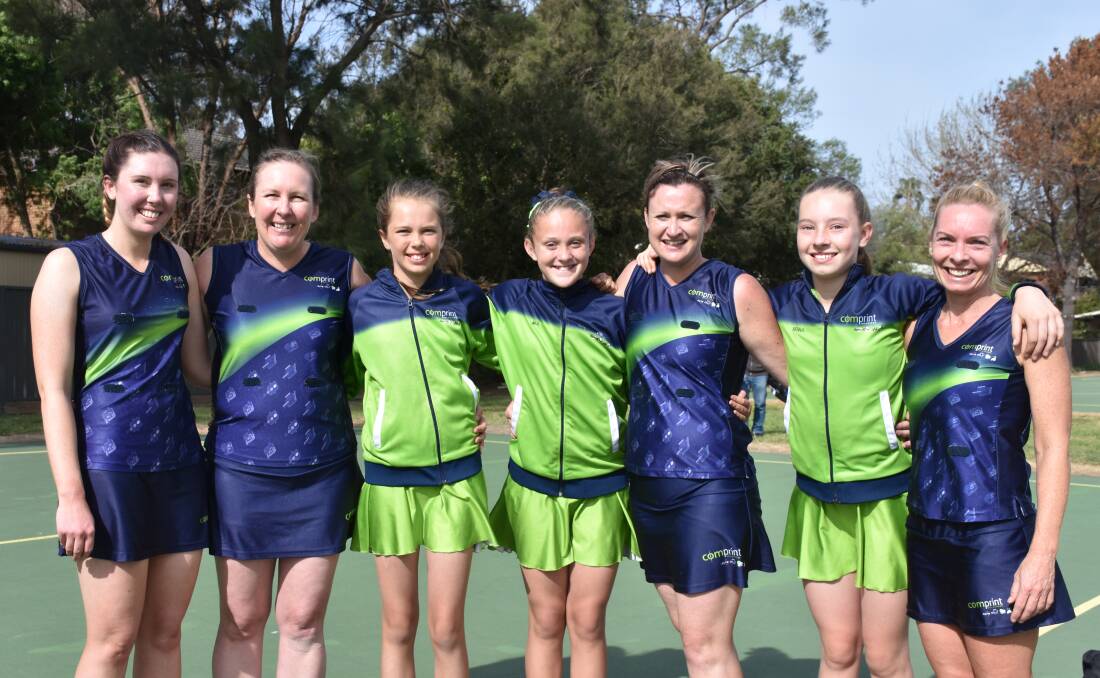 GENERATIONAL: Allie Meissner, Jody Meissner, Imogen Meissner, Mia Parker, Addie Parker, Sienna Comerford and Sally Comerford after the A-Grade's 2017 season winning game.