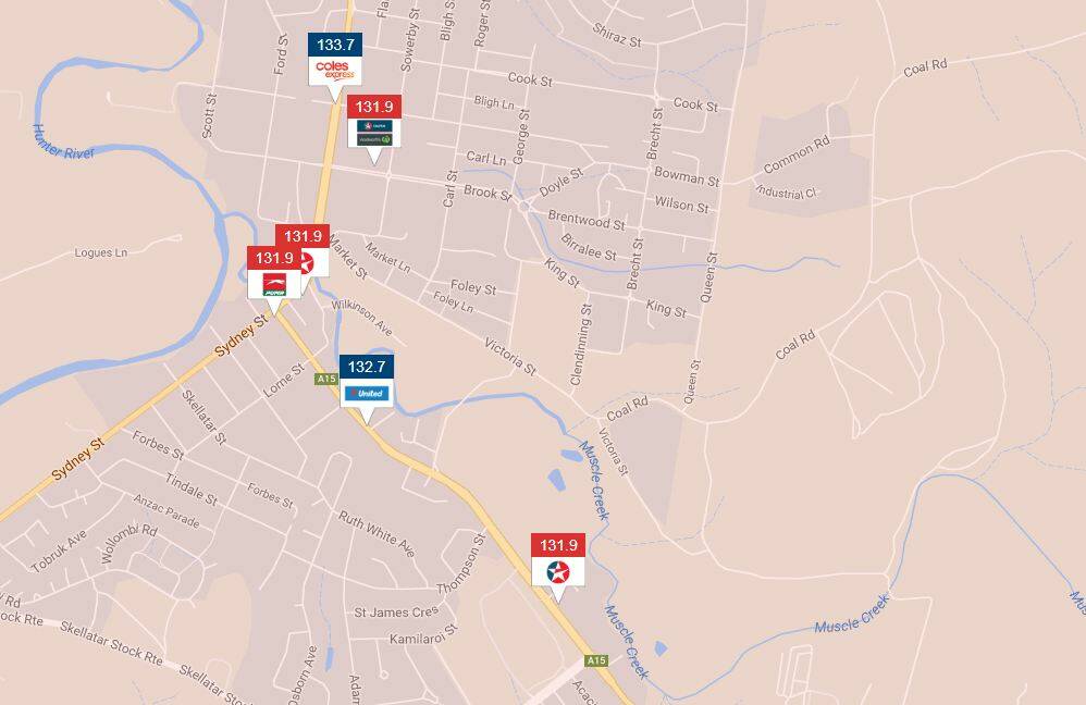 Muswellbrook Unleaded 91 prices, Wednesday, August 30. Picture: www.fuelcheck.nsw.gov.au