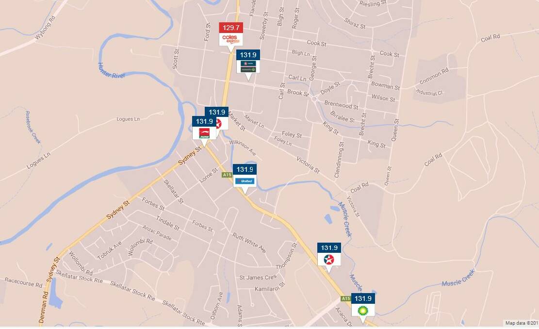 Muswellbrook Unleaded 91 prices, Monday, September 4. Picture: www.fuelcheck.nsw.gov.au