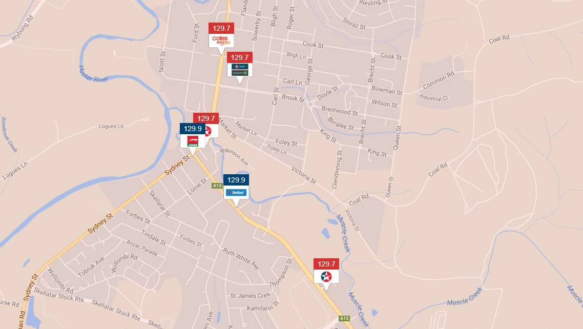 Muswellbrook Unleaded 91 prices, Wednesday, September 13. Picture: www.fuelcheck.nsw.gov.au