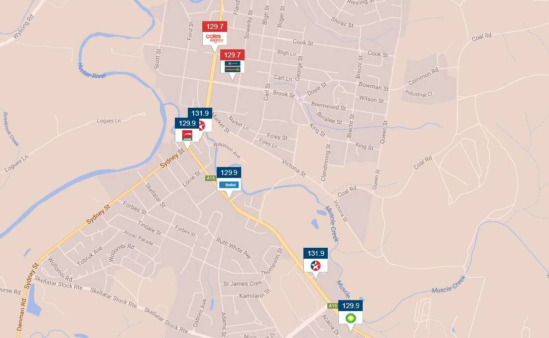 Muswellbrook Unleaded 91 prices, Monday, September 11. Picture: www.fuelcheck.nsw.gov.au