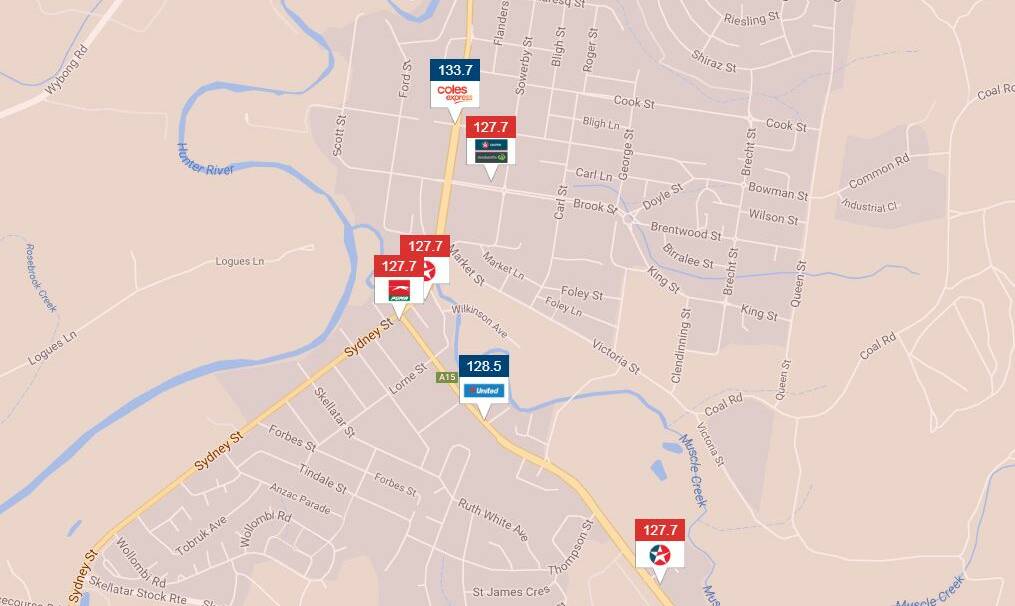 Muswellbrook Unleaded 91 prices, Tuesday, August 8. Picture: www.fuelcheck.nsw.gov.au