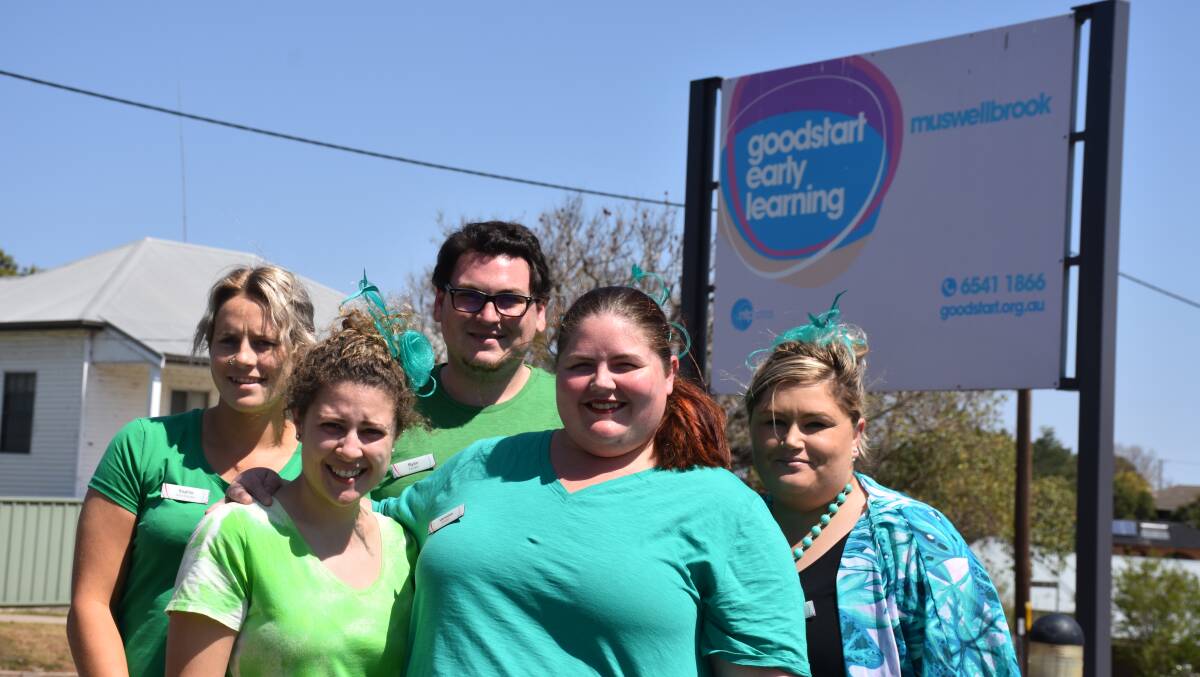 FEELING GREEN: Goodstart Early Learning Muswellbrook's Sophie Lang, Ash Baker, Ryan Duke, Vanessa Tutt, and Emma Russell are dressed in support of the Cerebral Palsy's Green Week.