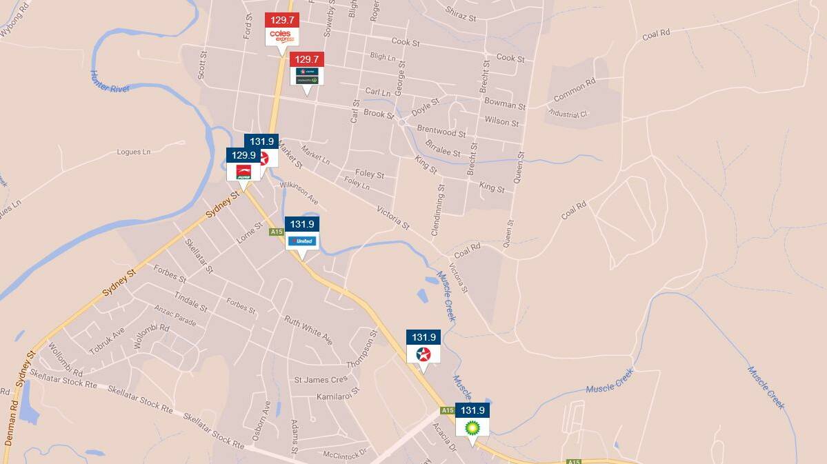 Muswellbrook Unleaded 91 prices, Tuesday, September 5. Picture: www.fuelcheck.nsw.gov.au