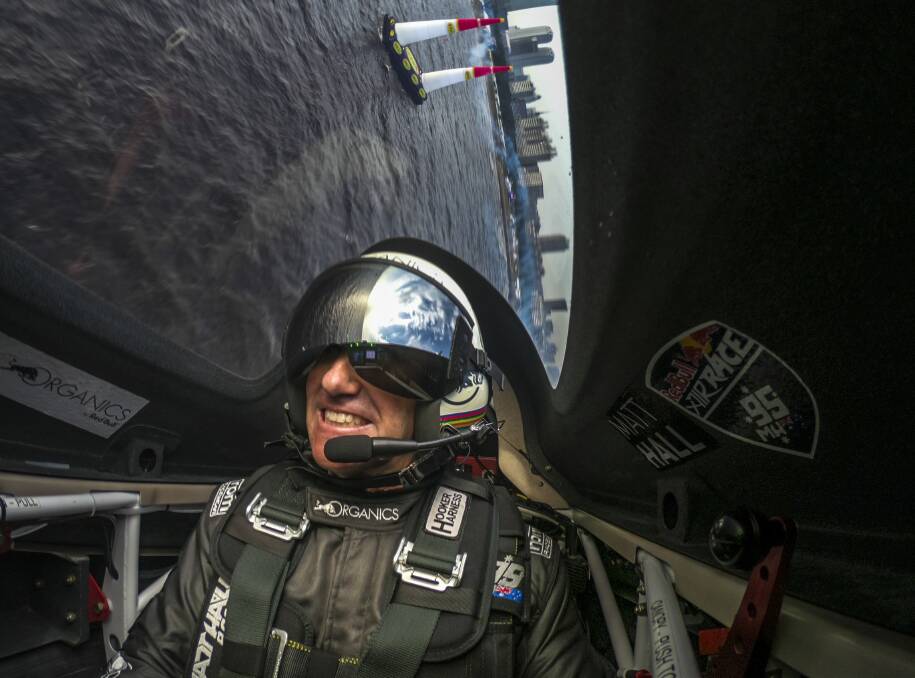 PILOT'S VIEW: Matt Hall in the air, and in the midst of competition, left. Picture: Red Bull Content Pool/Mihai Stetcu