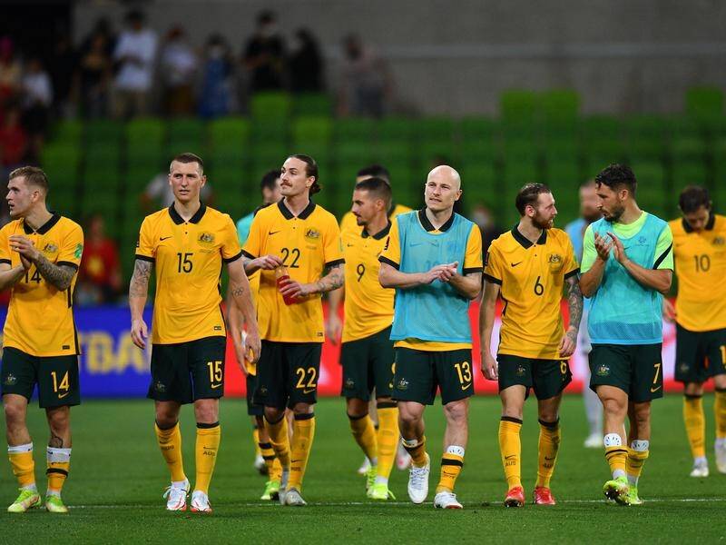 The Socceroos celebrate their convincing 4-0 win over Vietnam in the absence of coach Graham Arnold.