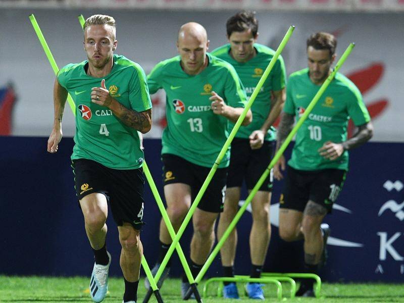 Australia's players train as they prepare for their World Cup qualifier with Kuwait.