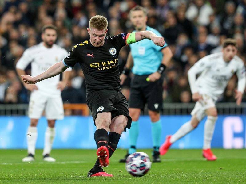 Kevin De Bruyne scores from the spot for Manchester City's second goal against Real Madrid.