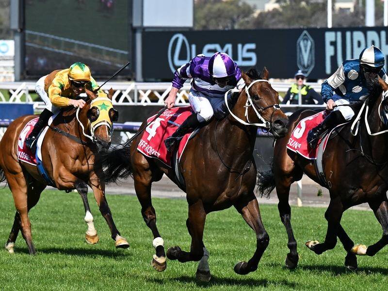 Riff Rocket (centre) holds on to claim a thrilling win in the Victoria Derby. (James Ross/AAP PHOTOS)
