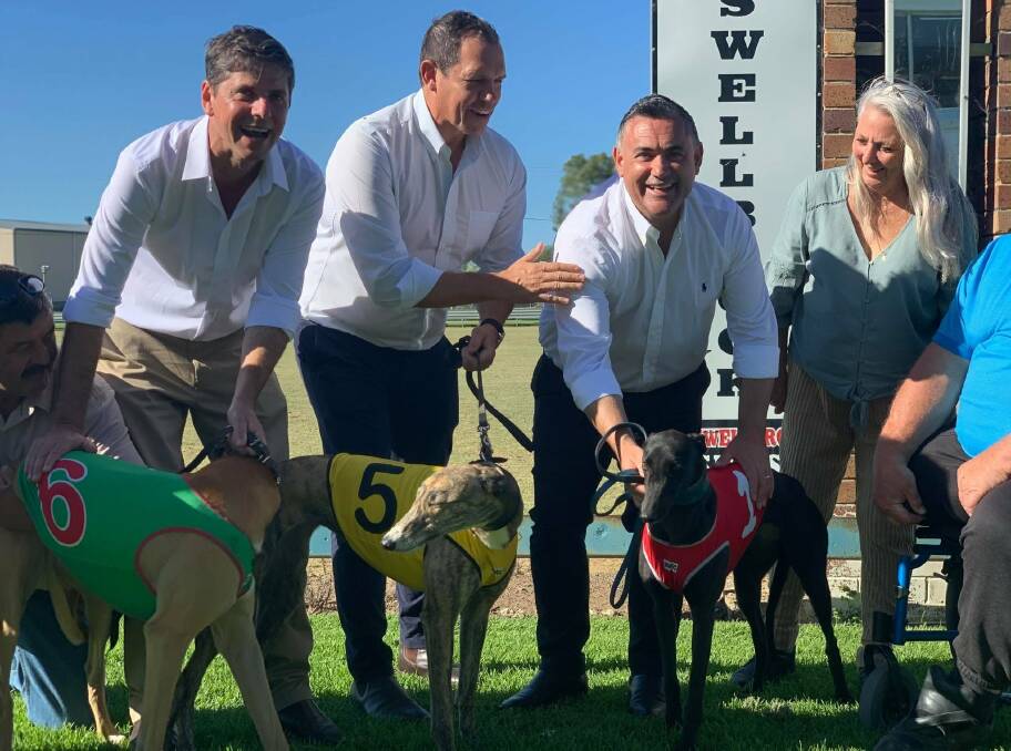 UPGRADE: Upper Hunter MP Dave Layzell, Greyhound Racing NSW (GRNSW) CEO Tony Mestrov and Deputy Premier John Barilaro with members of the Muswellbrook community at the Upper Hunter track earlier this year. Photo: MUSWELLBROOK CHRONICLE. 